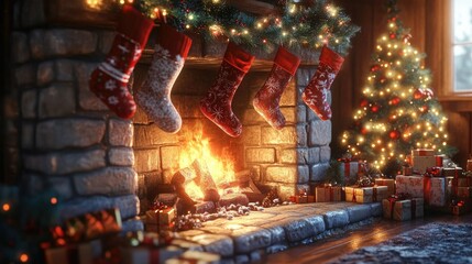 Fototapeta premium A Christmas fireplace scene with stockings hanging, a garland of lights, and soft glowing embers in the hearth