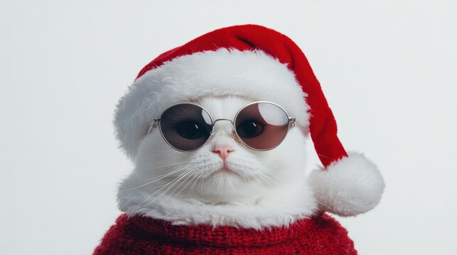 Currently popular Elegant white cat posing against a white background while decked out in Santa Claus attire, a hat, and sunglasses. A humorous Christmas kitty. Winter vacations, shopping, advertising