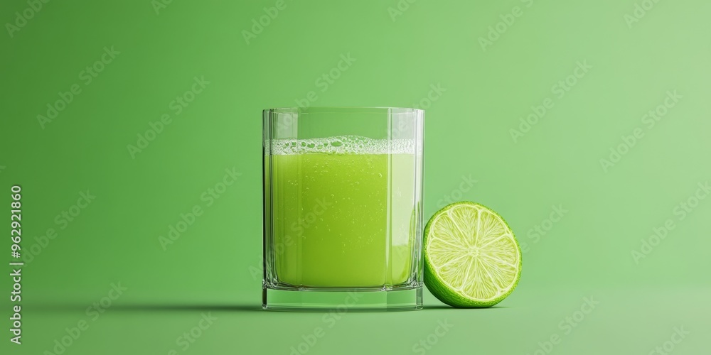 Poster a 3d single icon of a glass of fresh lime juice with a slice of lime on the side, featuring a clean,