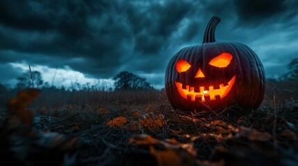 Naklejka premium In a cursed patch of jack-o'-lanterns, each pumpkin's malevolent glow casts eerie shadows under a haunted moon, creating a spine-chilling Halloween spectacle.