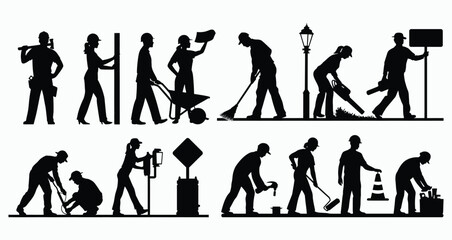 Fototapeta premium Vector silhouette set of workers or laborers illustration template