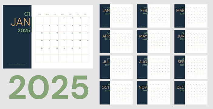 Vector 2025 new year calendar planner template in minimal table number,Holiday event planner,Week Starts Sunday.layout annual calender.timetable for diary