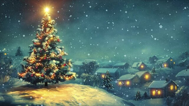 A beautifully lit Christmas tree stands on a snowy hill overlooking a cozy village at night. Snow gently falls, and the warm glow from house windows contrasts with the cold, wintery scene