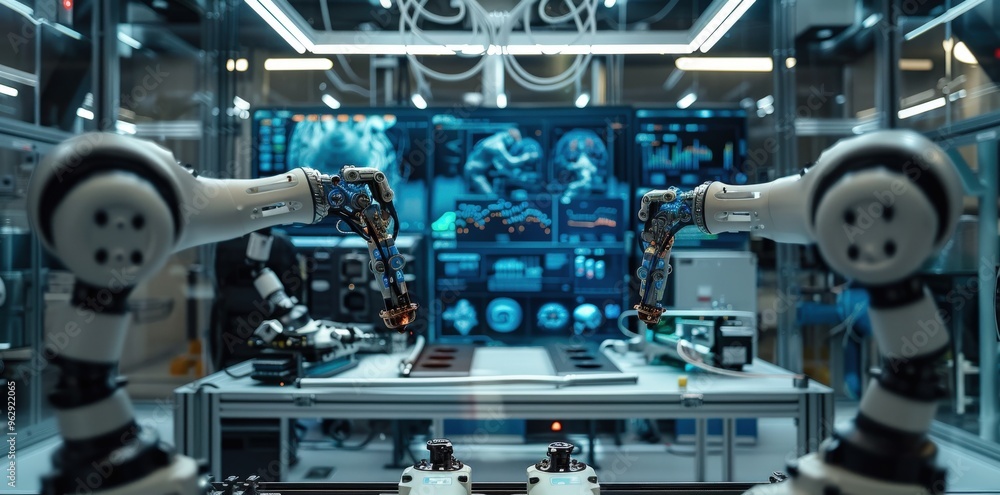 Aufkleber in an ultra-modern smart factory, robotic arms assemble products, highlighting the future of automat