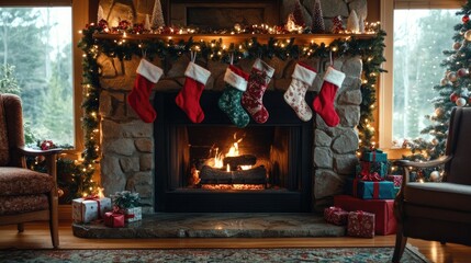 A cozy fireplace with Christmas stockings hanging, surrounded by holiday decorations and garland