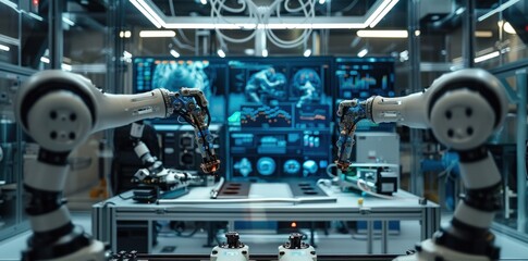 In an ultra-modern smart factory, robotic arms assemble products, highlighting the future of automation with a digital interface displaying metrics.