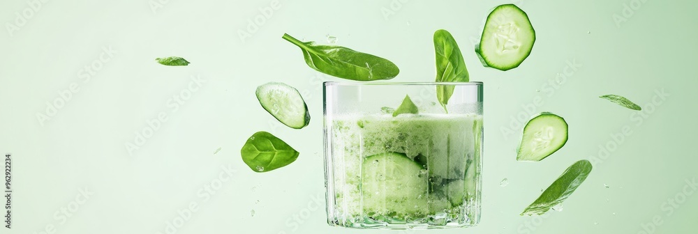 Poster a 3d single icon of a healthy green juice in a clear glass, with floating vegetable slices like cucu