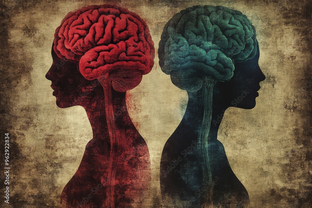 Poster brain research neurotransmission rustic profile illustration of two heads with puzzle piece brains r