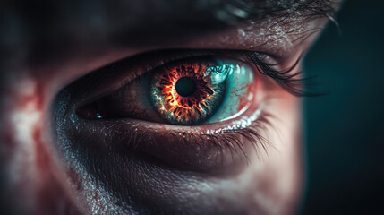A close up of a person's eye with a bright orange iris