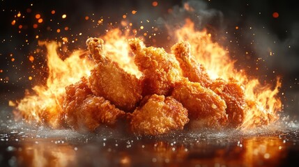 A close-up shot of fried chicken coming out of a deep fryer with flames.
