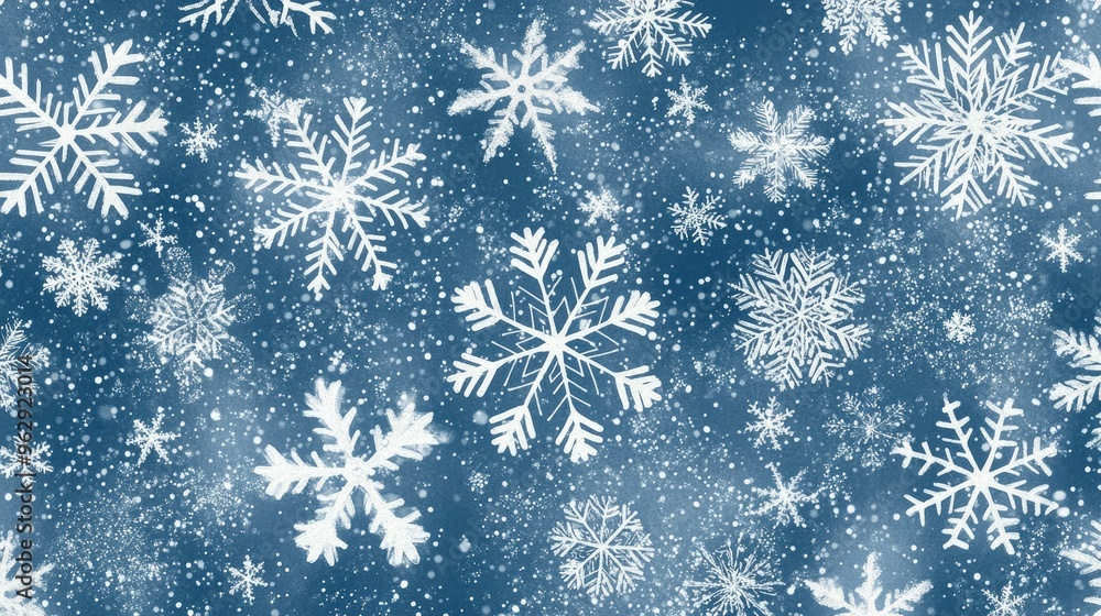 Poster a repeating seamless background of snowflakes in various sizes, creating a wintery theme for designs