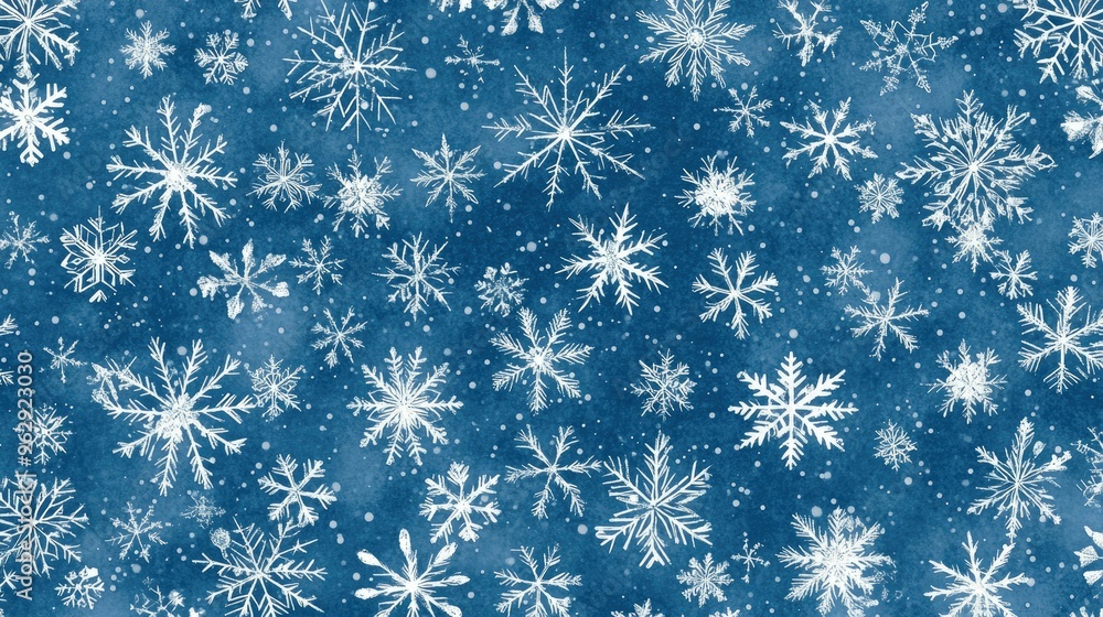 Poster a repeating seamless background of snowflakes in various sizes, creating a wintery theme for designs