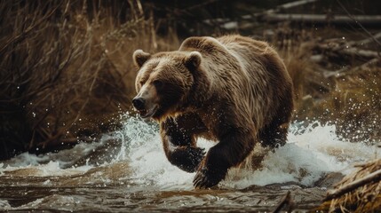 A majestic brown bear running through a shallow river, splashing water in its wake, captured in a dynamic action shot.
