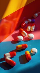 Brightly colored pills and capsules on a colorful surface