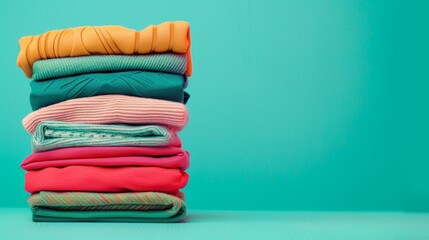 A colorful stack of folded clothing against a vibrant teal background, showcasing a variety of textures and fabrics.