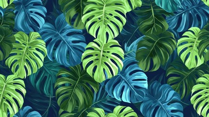 A repeating seamless pattern of tropical leaves in bright greens and blues, perfect for a summer or nature theme