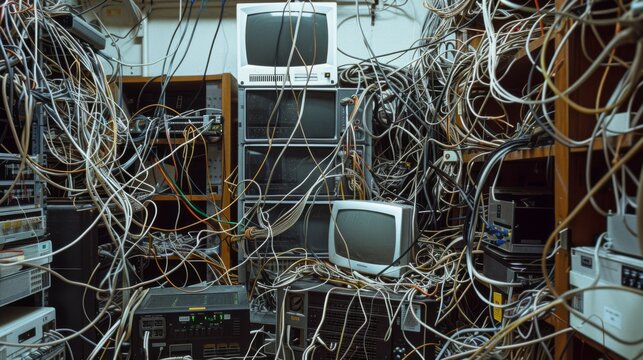 A chaotic room full of tangled wires and outdated computer equipment, showcasing an overwhelming array of technology.