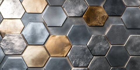Close up of metallic hexagonal tiles in silver and gold.