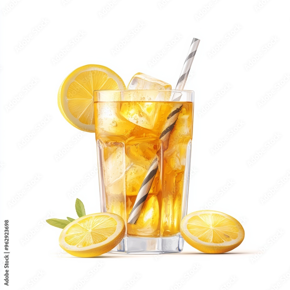 Poster a 3d single icon of a refreshing lemon iced tea in a glass with lemon slices, depicted in a simple a