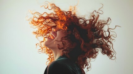 A vibrant image of a person with red curly hair joyfully tossing their head, capturing a moment of pure, dynamic exuberance.