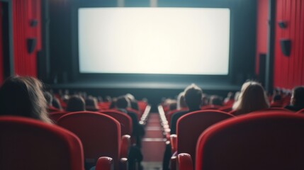 Obraz premium An audience settled in red seats within a dimly lit theater, all eyes fixed on a bright, captivating screen at the front.