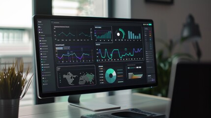 A sleek monitor displays a variety of colorful analytics and metrics on an organized dashboard, creating a modern, data-driven workspace ambiance.