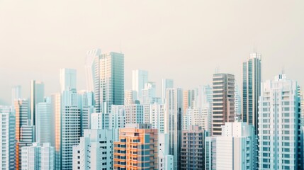 Fototapeta premium A serene, almost monochromatic cityscape with modern high-rise buildings under a soft, pastel sky creating a calm urban atmosphere.