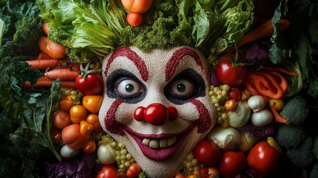 A colorful clown face made of vegetables creates a vibrant and playful image. The unique combination of food and art serves as a fun reminder to eat healthy. Great for food blogs or humorous posts. AI