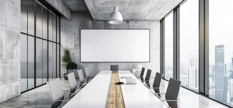 Modern conference room interior with large windows overlooking the city, a long wooden table and chairs, a large blank whiteboard. A perfect place for meetings and presentations.