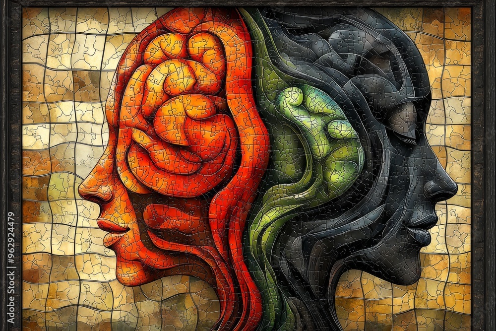 Poster neuroinformatics neurotransmission artistic depiction of a colorful brain emerging from a stained gl