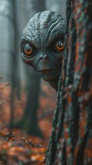 Small alien looking out from behind a tree