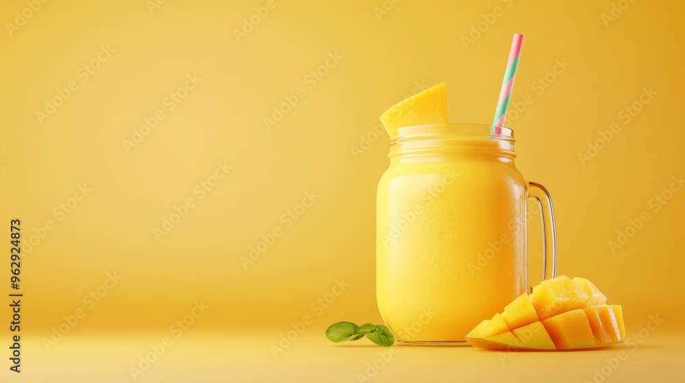 Poster a 3d single icon of a tropical mango smoothie in a mason jar, with a slice of mango and a colorful s