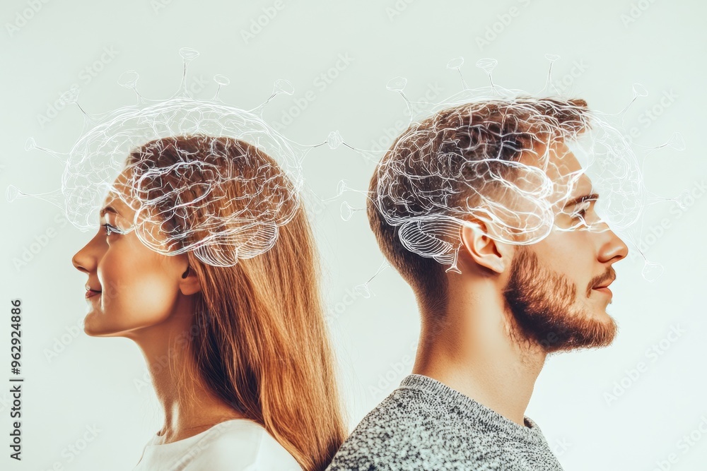 Aufkleber neuroethology neurotransmission futuristic image of a man and woman with transparent brains symboliz