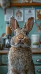 Rabbit that is sitting on a counter, veterinarian clinic
