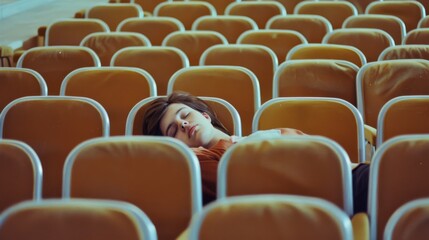 Obraz premium An exhausted student asleep among empty rows of auditorium seats, capturing the charm of solitude and hard work.