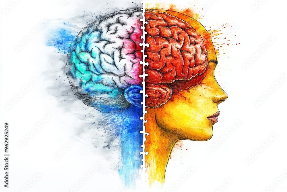 Poster neural studies neurotransmission vibrant abstract head with half exposed brain illustrating the inte