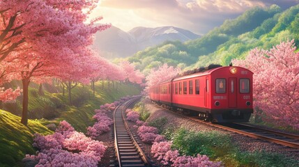 Cherry blossom with Red train in spring in Japan or Korea is the popular view spot,Illustration of Japanese spring,Panorama travel,tour advertising of world famous landmarks of Japan,autumn season.