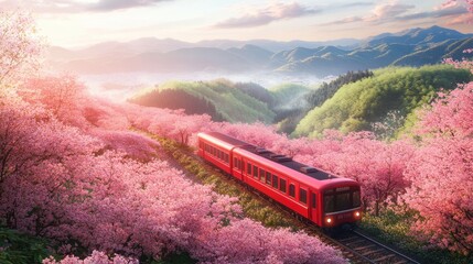 Obraz premium Cherry blossom with Red train in spring in Japan or Korea is the popular view spot,Illustration of Japanese spring,Panorama travel,tour advertising of world famous landmarks of Japan,autumn season.