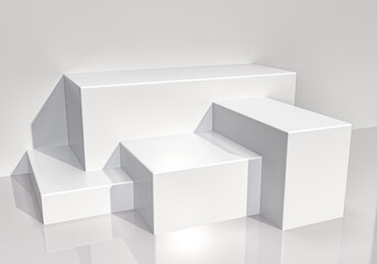 Modern display scene for products and packaging mockup. Four white cubes with hard light for present your concept. 3D Render Illustration. 