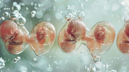 A close-up of developing twins in the womb, encased in amniotic sacs, with delicate details and ethereal bokeh lighting creating a serene and fascinating scene.