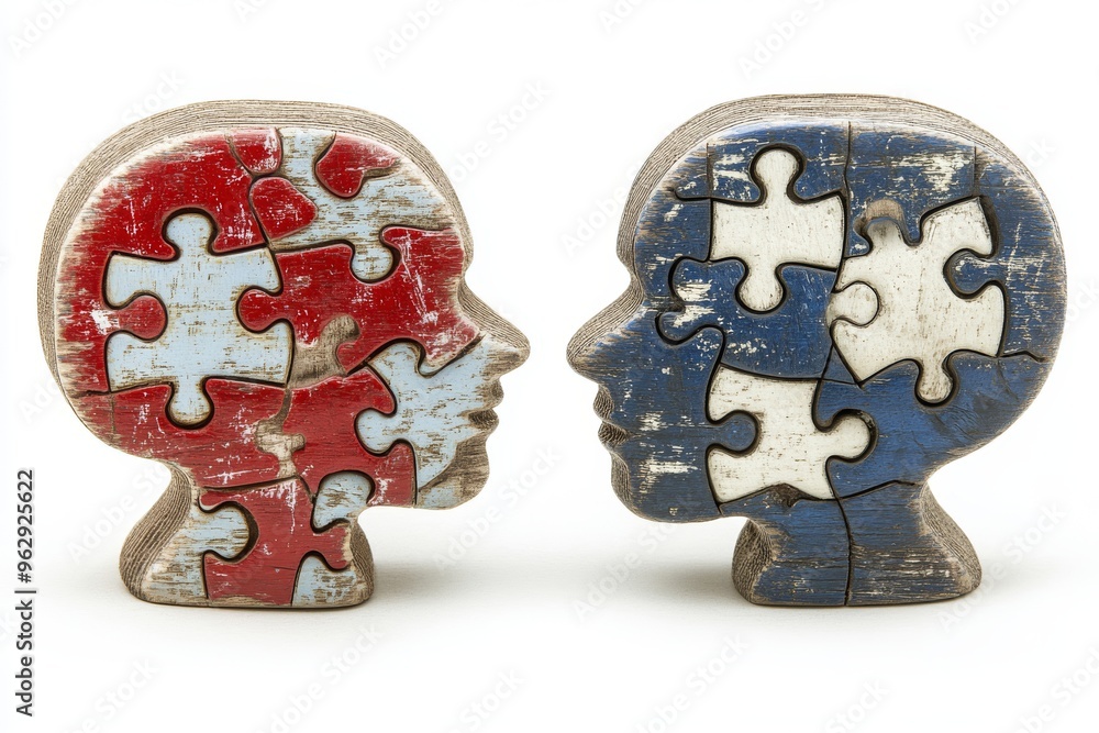 Aufkleber brain behavior neurotransmission rustic illustration of two heads with puzzle pieces symbolizing the