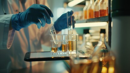 A lab technician in gloves carefully handles test tubes with amber liquid, focusing on an experiment in a well-lit scientific laboratory.