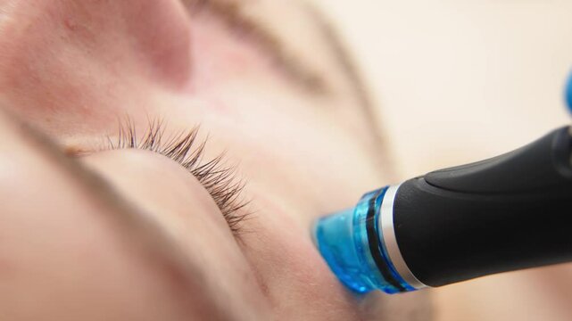 A man undergoes a hydrofacial treatment at a beauty clinic. This advanced procedure rejuvenates and revitalizes the skin, ideal for showcasing premium skincare services in your advertising.