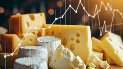 An assortment of cheeses displayed with a financial growth chart overlay. The image contrasts the delicious textures of cheese with the analytical financial data, ideal for food industry reports or