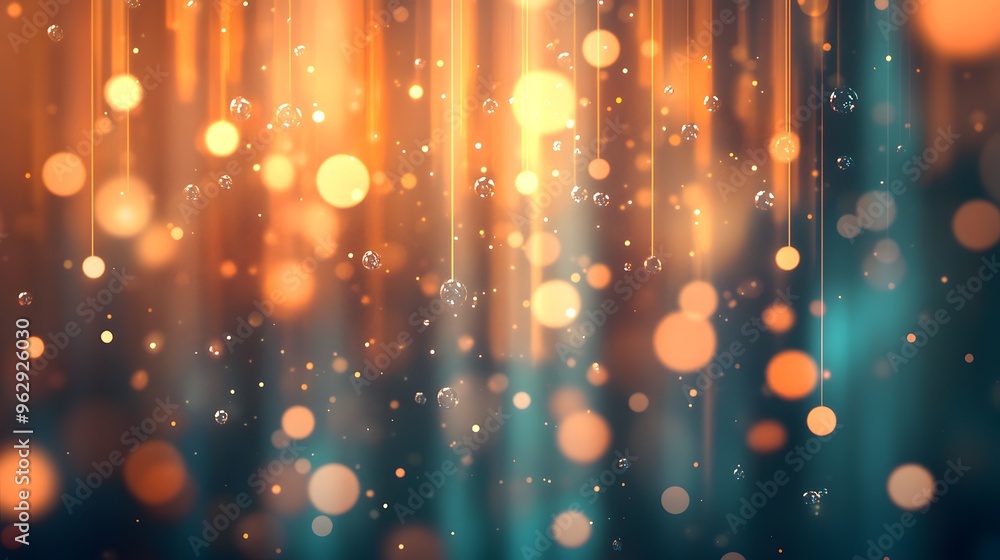 Poster abstract bokeh background with hanging lights and glowing particles