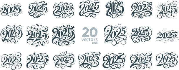 collection beautiful calligraphic numbers with curls of the year 2025 monochrome stencil drawings for design and decor