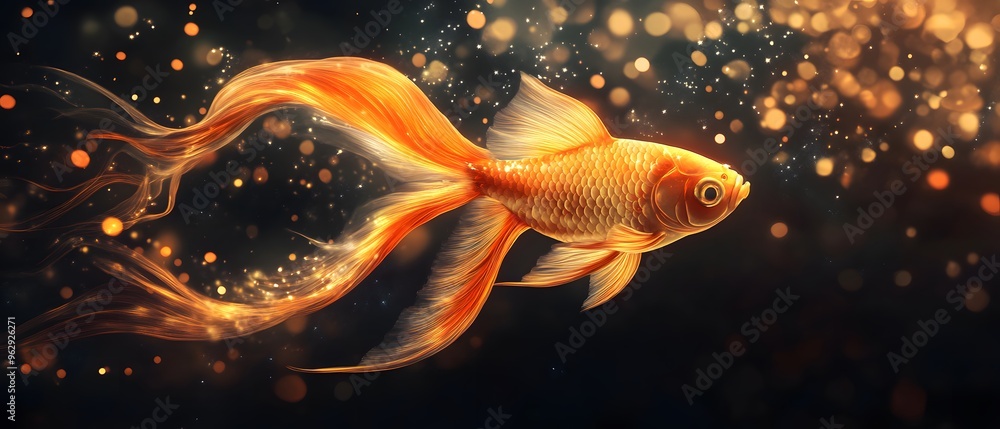 Poster golden fish with sparkling lights and bokeh background