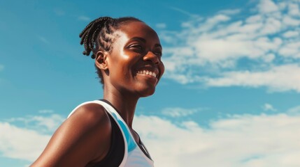 A woman with a beaming smile enjoys the outdoors, her radiant face framed by a vast blue sky dotted with wispy clouds, exuding pure joy and freedom.