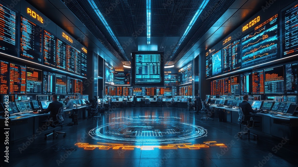 Poster dynamic trading hub, a bustling modern trading floor filled with focused traders analyzing data and 