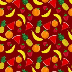 seamless pattern with fruits: bananas, pineapples, watermelon, oranges, strawberries and with red background 